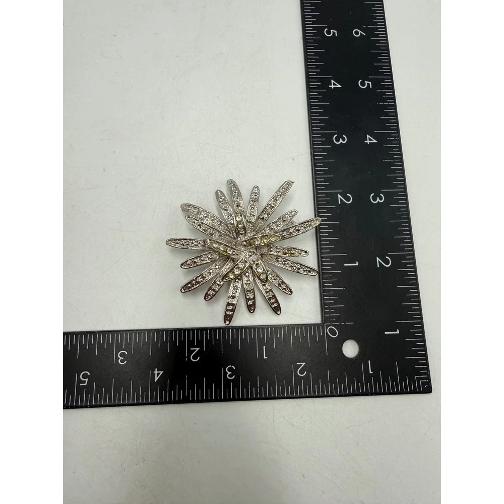 Vintage Silver Tone Starburst Brooch Rhinestone Sunburst Statement Pin Large